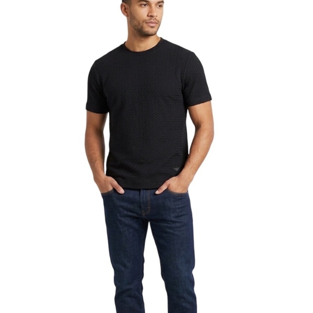 EMPORIO ARMANI‎ Mens Black Textured Basketweave Knit T-Shirt Eagle Logo Large